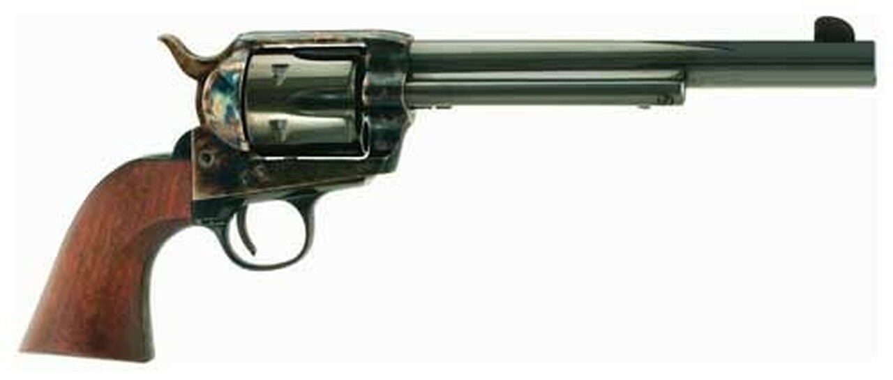 Cimarron Frontier 45 Colt , 7 1/2″ Barrel, Color Casehardened, Blued, Walnut, 6rd