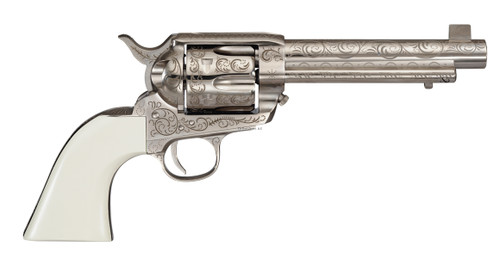 Cimarron Frontier 45 LC, 5.5″ Barrel, Engraved Nickel, White Grips, 6rd