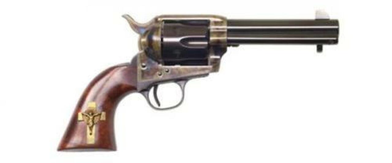 Cimarron Holy Smoker .45 Long Colt 4.75″ Sterling Silver Gold Plated Cross Inlaid on Right Side of Grip Blue