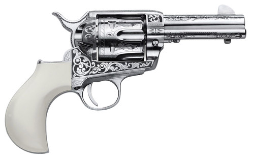 Cimarron Huckleberry 45 Colt, 3.5″ Barrel, Engraved Nickel, Ivory “Huckleberry” Grip, 6rd