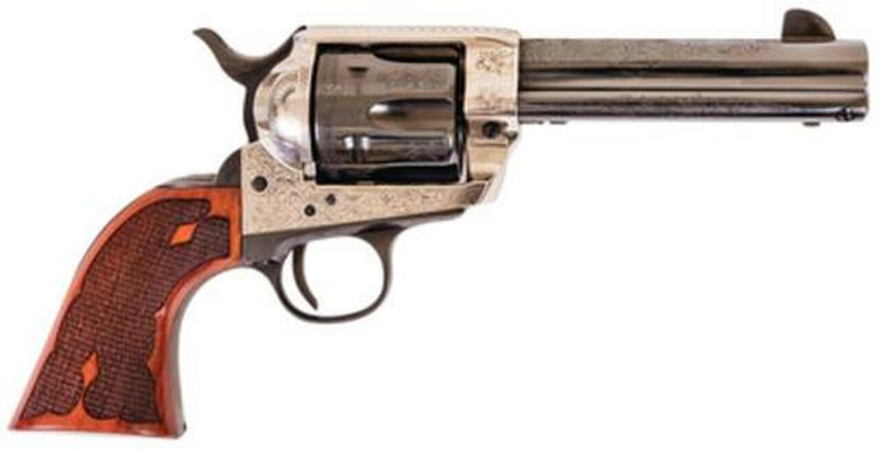 Cimarron Old Silver Frontier 45 Long Colt 4.75″ Barrel Engraved Checkered Walnut Grips
