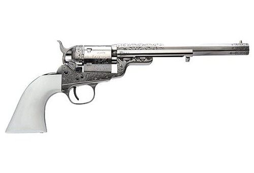 Cimarron Richards-Mason 1851 38 Special, 7.5″ Barrel, Engraved Nickel, Ivory Grips, 6rd