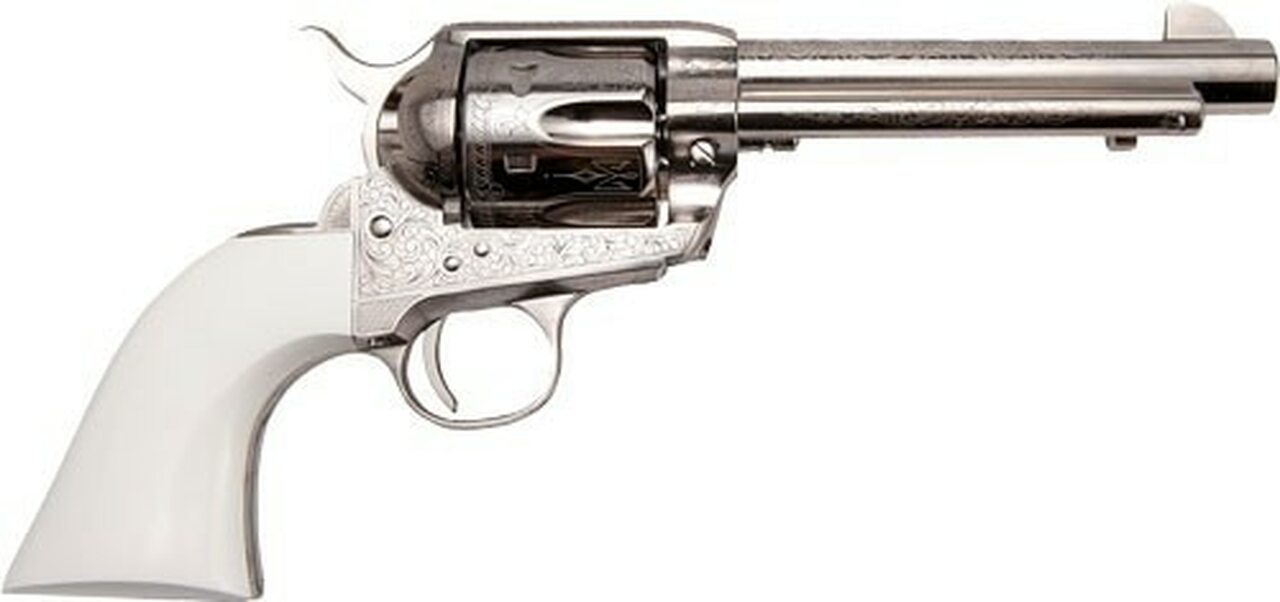 Cimarron S.A.A. Frontier Engraved .45 Long Colt5.5.5″ Barrel Nickel Finish, Ivory Type Grips 6 Round