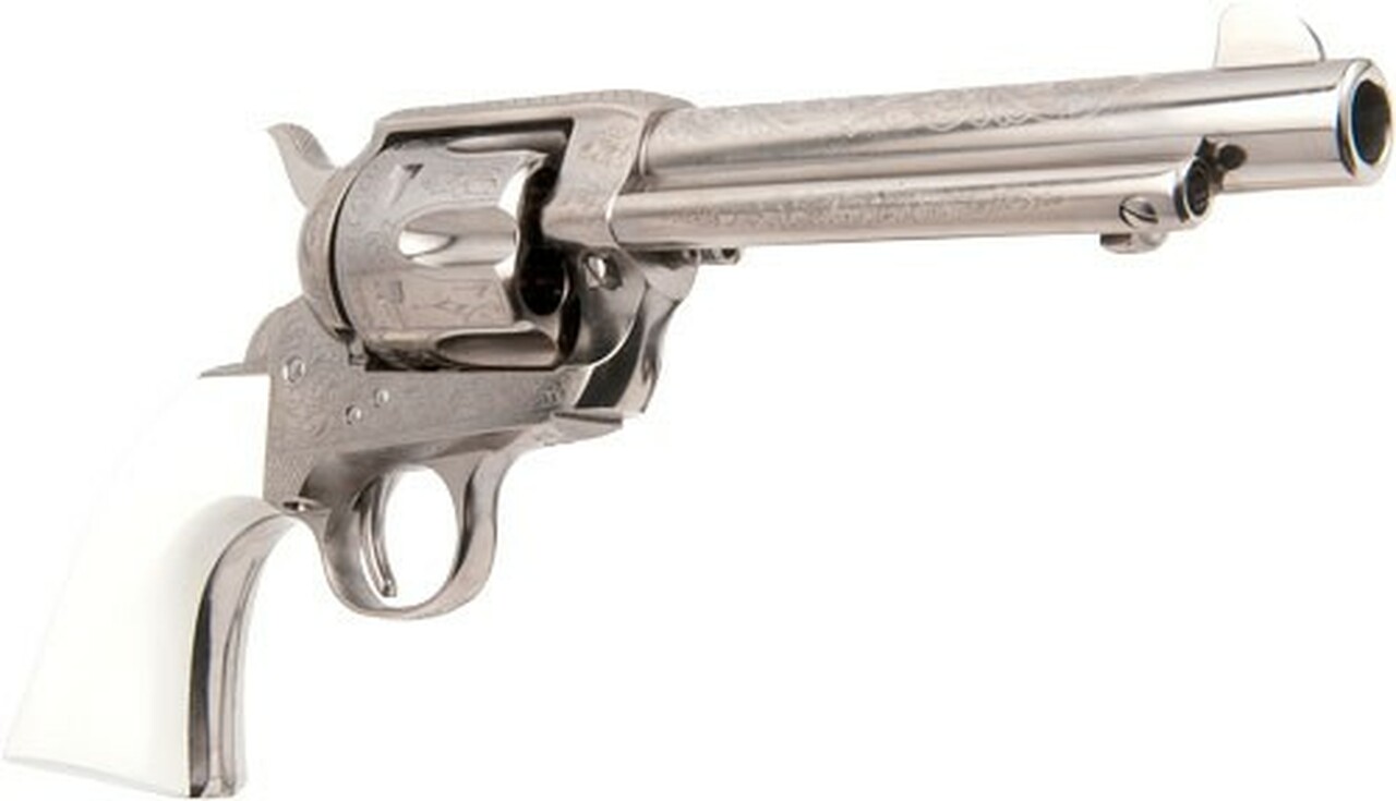 Cimarron S.A.A. Frontier Engraved .45 Long Colt5.5.5″ Barrel Nickel Finish, Ivory Type Grips 6 Round