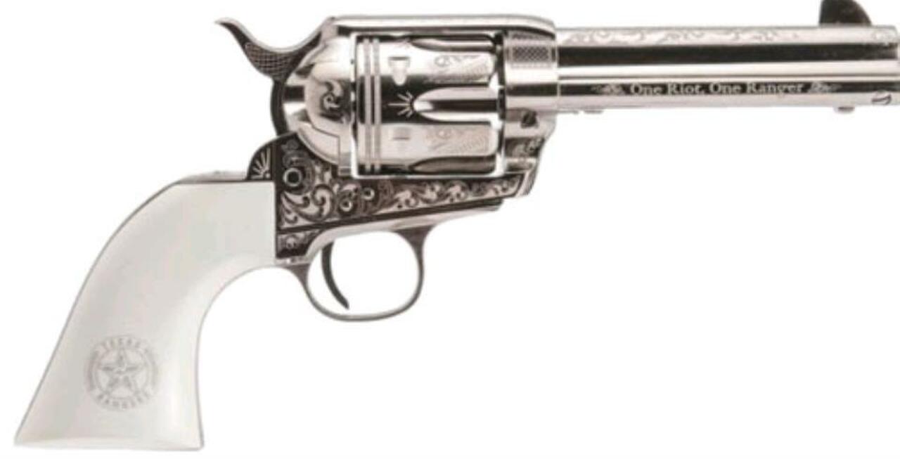 Cimarron Texas Rangers .45LC Pre-war Frame & Ejector, Engraved Nickel, Ranger Logo, 4.75″ Barrel