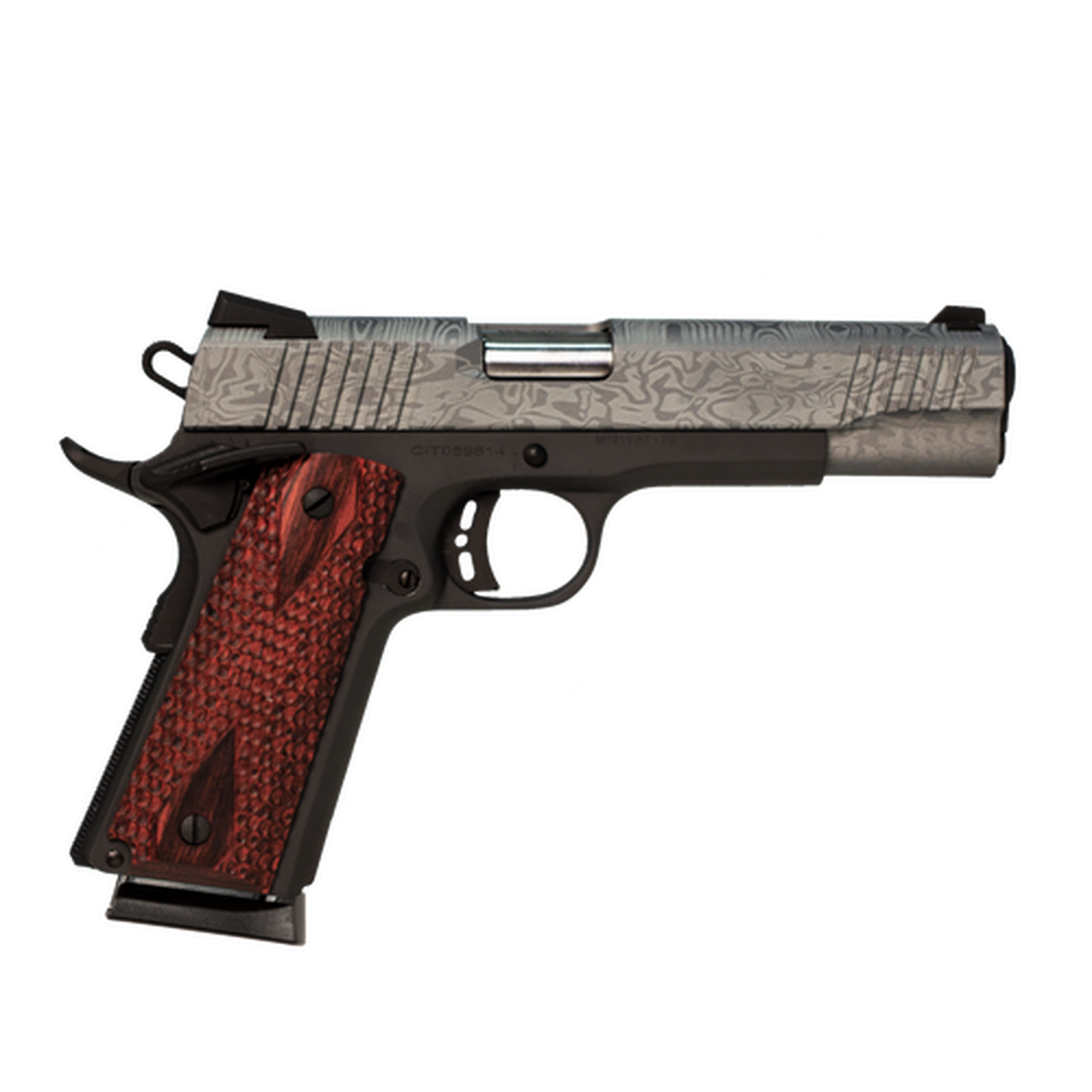 Citadel 1911 A1 Madagascar, .9mm, 5″ Barrel, 8rd, Redwood Grips, Laser Etched Gray Slide, Black Flame