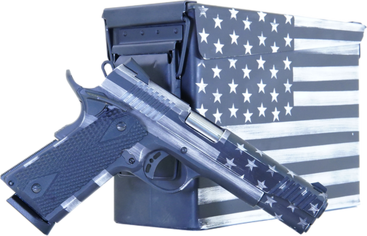 Citadel M-1911 with Ammo Can 45 ACP, 5″ Barrel, Black G10 Grip American Flag, Battleworn Gray Cerakote Slide, 8rd