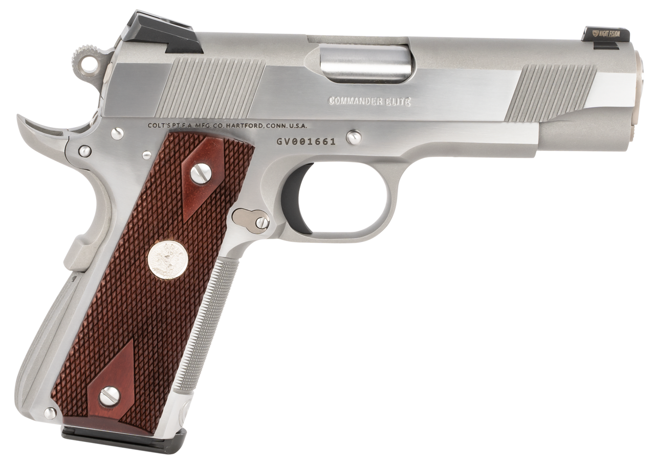 Colt 1911 Combat Commander Elite 45 ACP 4.25″ Barrel Two-Tone Elite Black G10 Checkered Scallop Grip, 8rd Mag