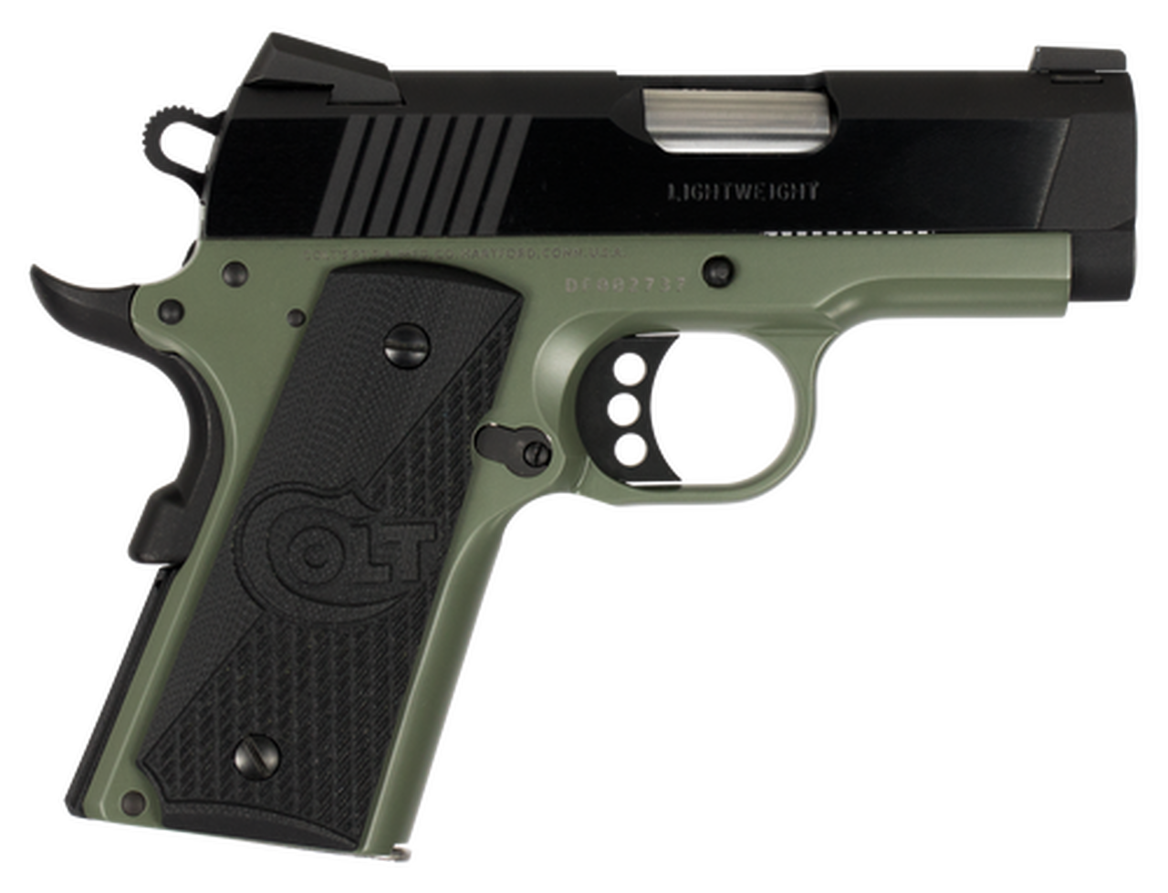 Colt 1911 Defender 45 ACP 3″ Barrel, Black Cherry G10 Grip Green Aluminum Alloy Frame 7rd Mag