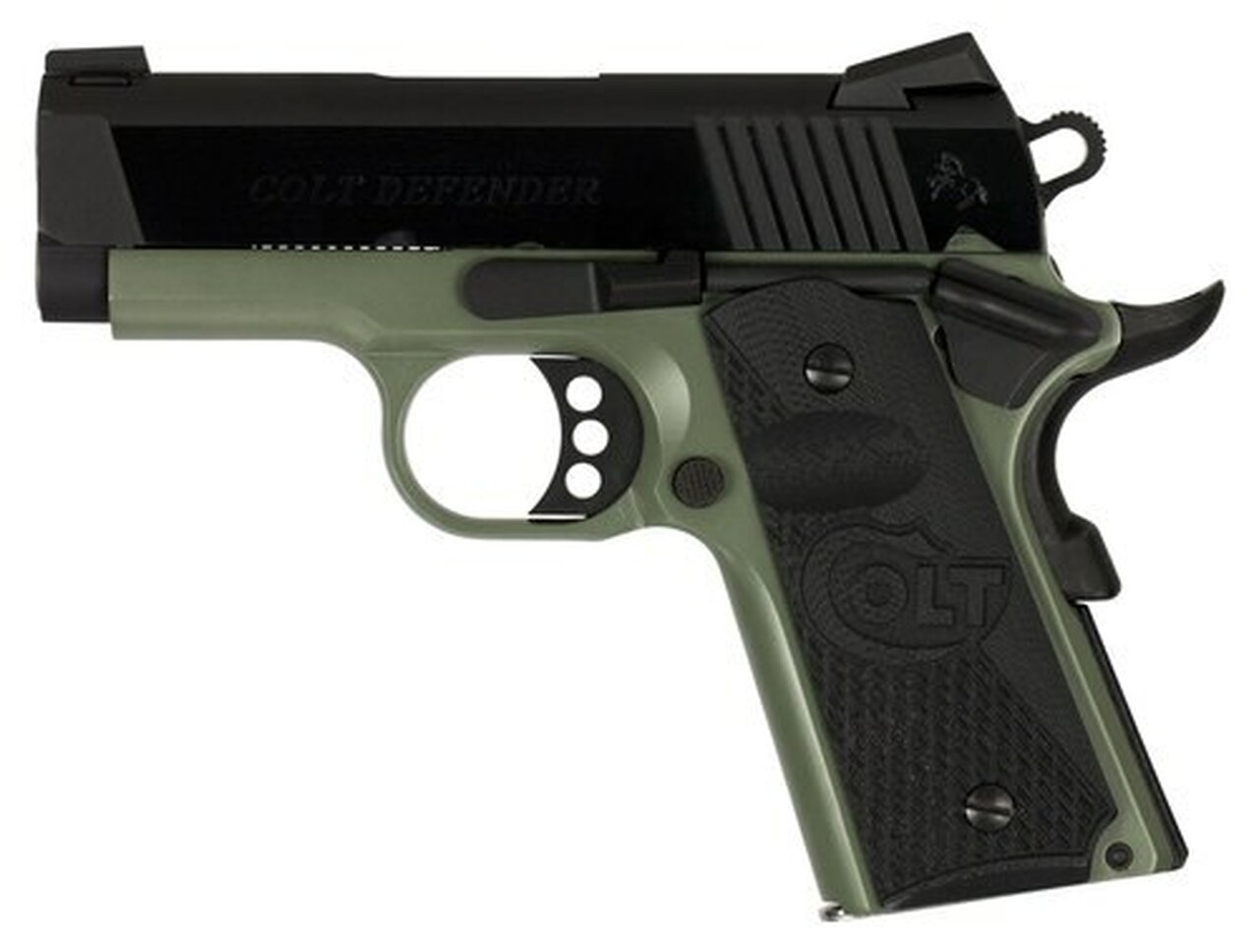 Colt 1911 Defender 45 ACP 3″ Barrel, Black Cherry G10 Grip Green Aluminum Alloy Frame 7rd Mag