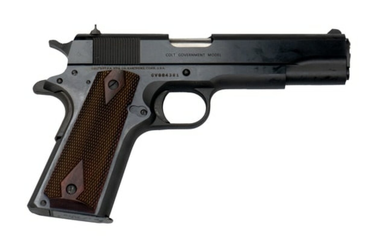 Colt 1911 Government. 45 ACP, 5″ Barrel, 7rd Mag, Rosewood Grip, Blued