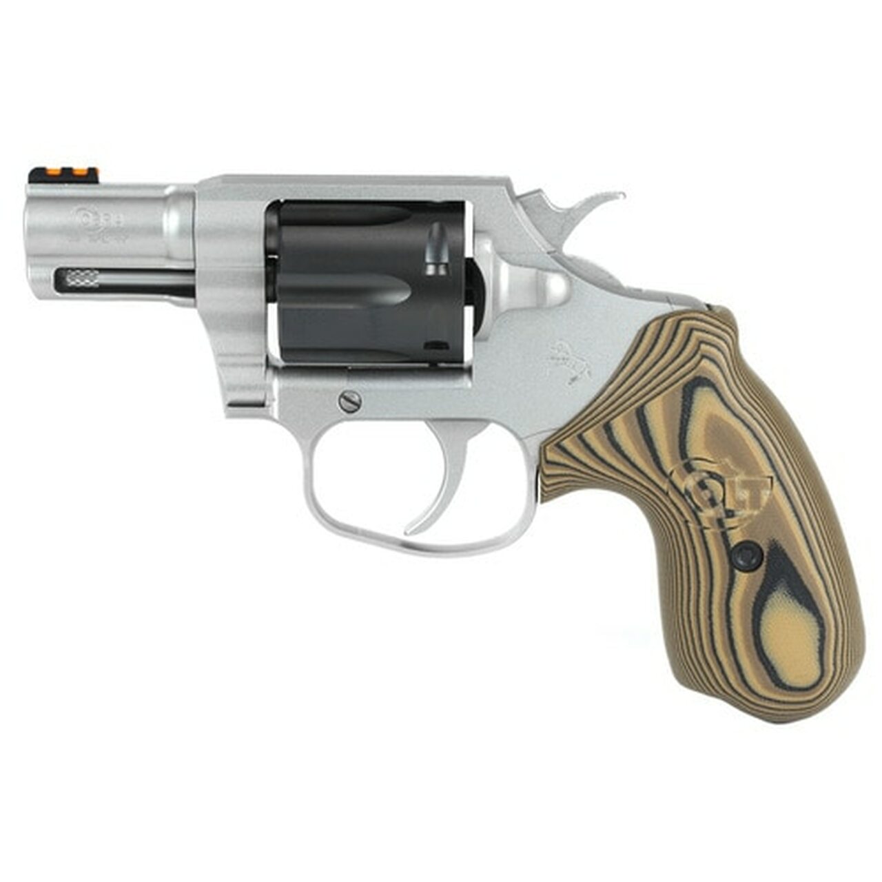 Colt Cobra 38 Special, 2″ Barrel, SS, Black DLC Cylinder, Fiber Optic Sights, VZ Hyena Brown Grips, 6rd
