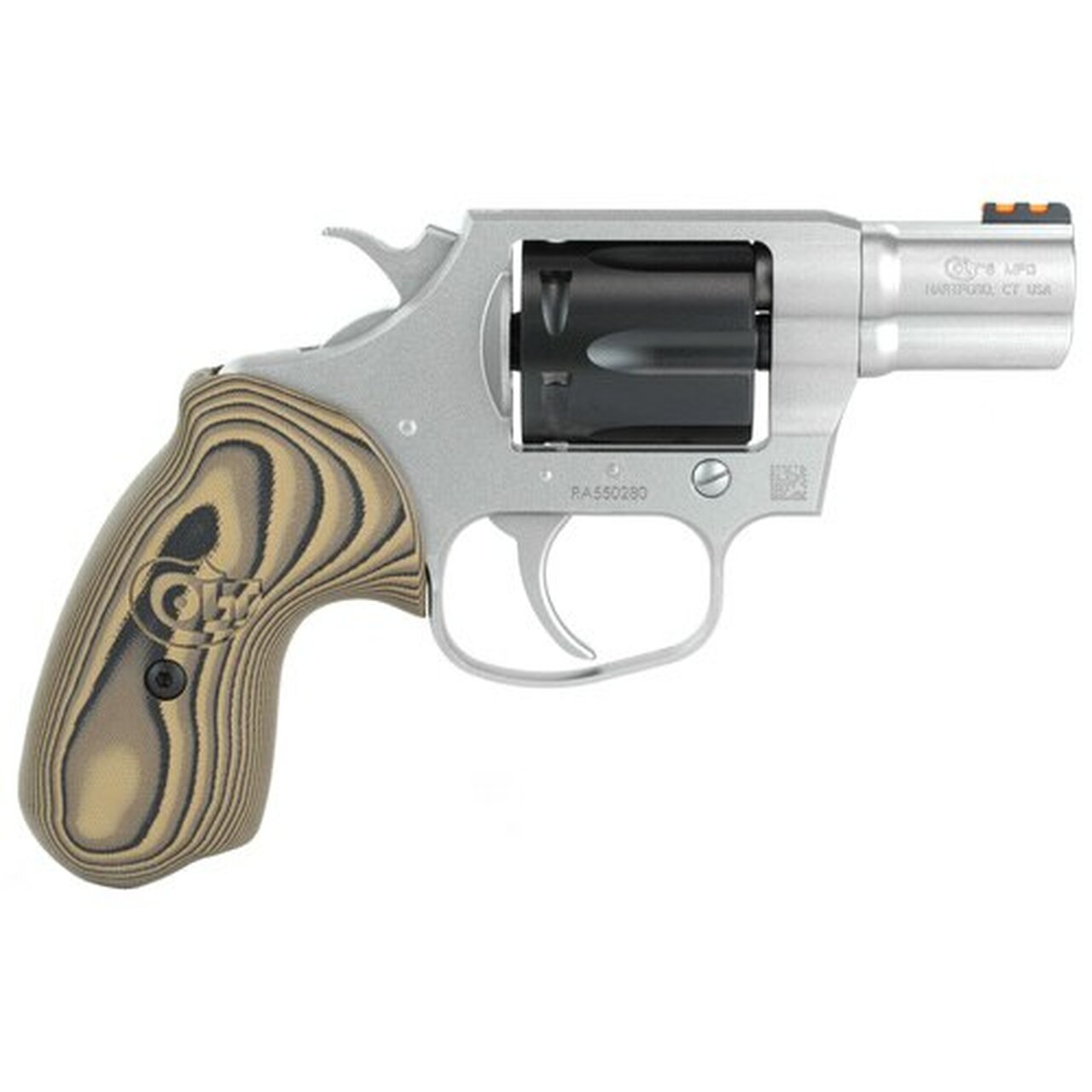 Colt Cobra 38 Special, 2″ Barrel, SS, Black DLC Cylinder, Fiber Optic Sights, VZ Hyena Brown Grips, 6rd