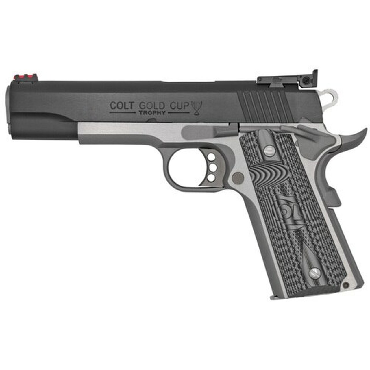 Colt Gold Cup Lite 1911 38 Super, 5″ Barrel, SS Frame, G10 Grips, Beavertail Fiber Optic Fron Site, 9rd Mag