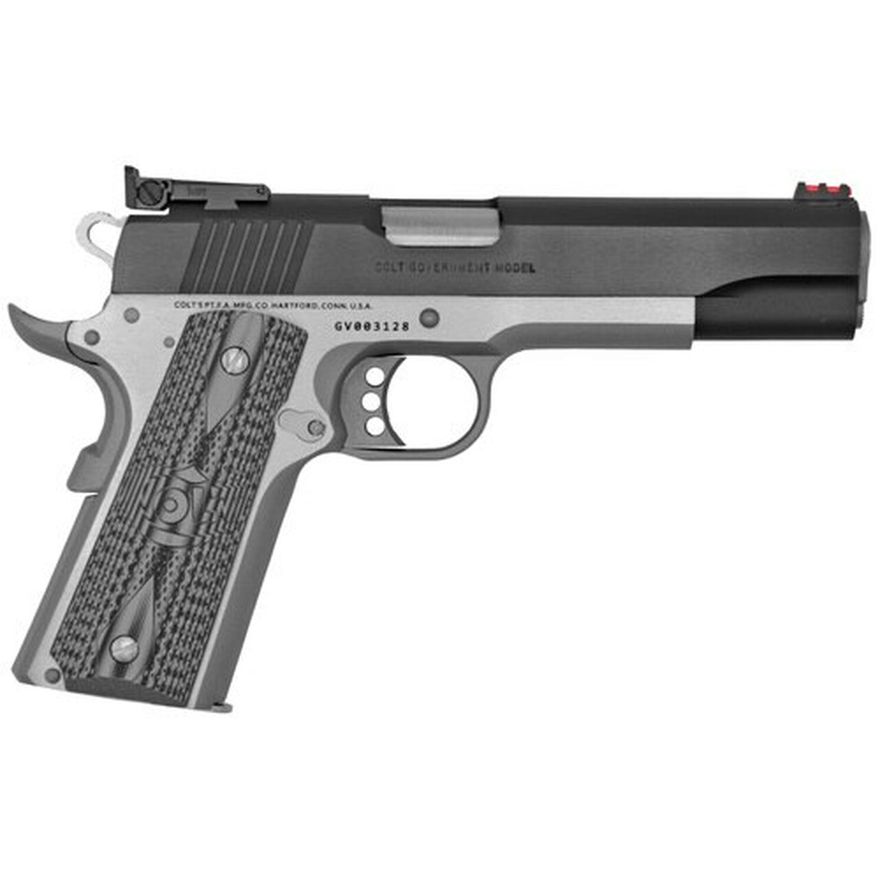 Colt Gold Cup Lite 1911 38 Super, 5″ Barrel, SS Frame, G10 Grips, Beavertail Fiber Optic Fron Site, 9rd Mag