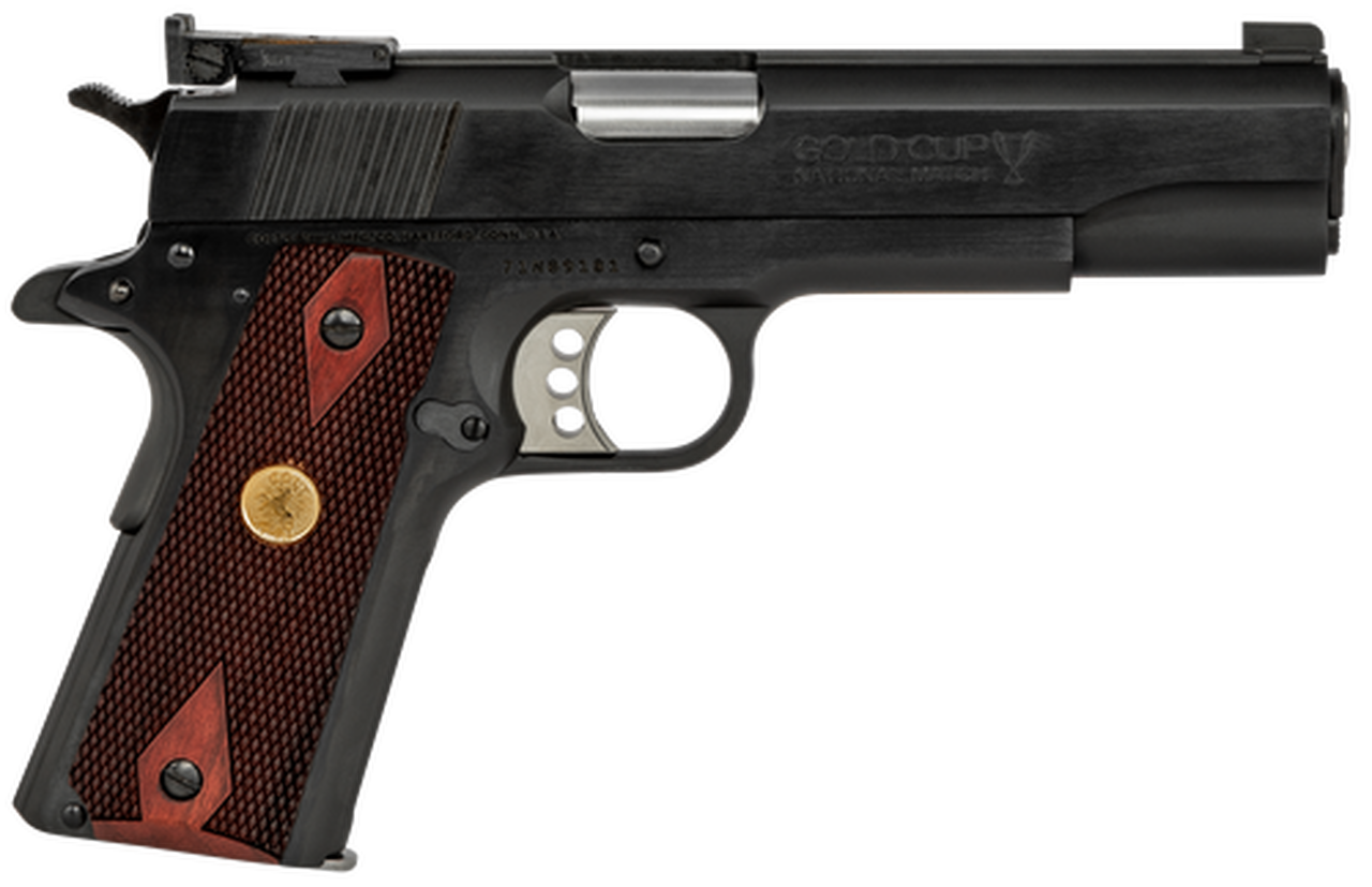 Colt Gold Cup National Match 1911 38 Super, 5″ Barrel, Steel Frame, Blued, Rosewood Grips, Target Sights, 9rd Mag