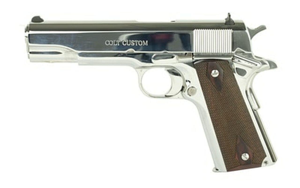 Colt Government 1911, 45 ACP, 5″ Barrel, Steel Frame, Bright Stainless Finish, 7Rd Mag, White Dot Sights