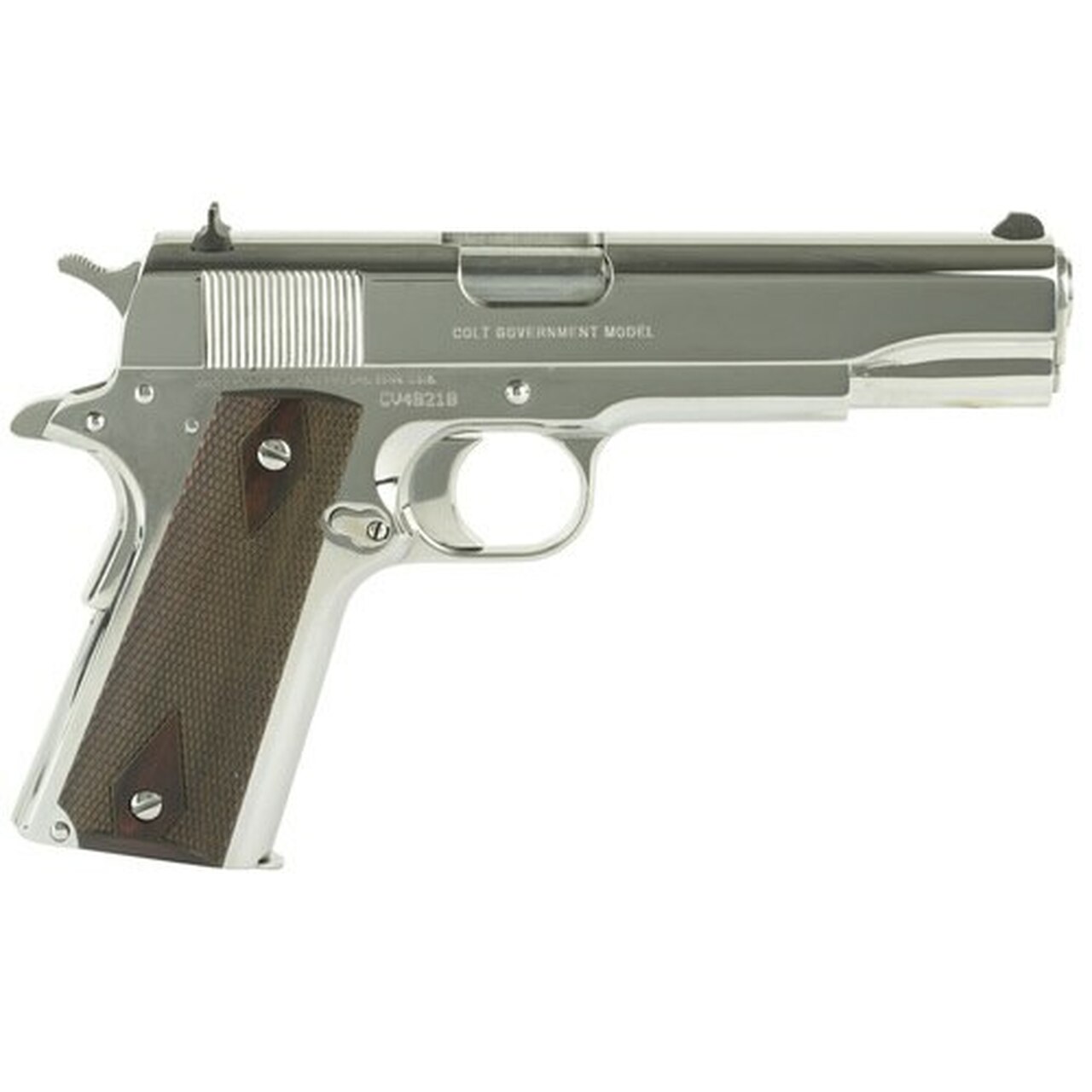 Colt Government 1911, 45 ACP, 5″ Barrel, Steel Frame, Bright Stainless Finish, 7Rd Mag, White Dot Sights