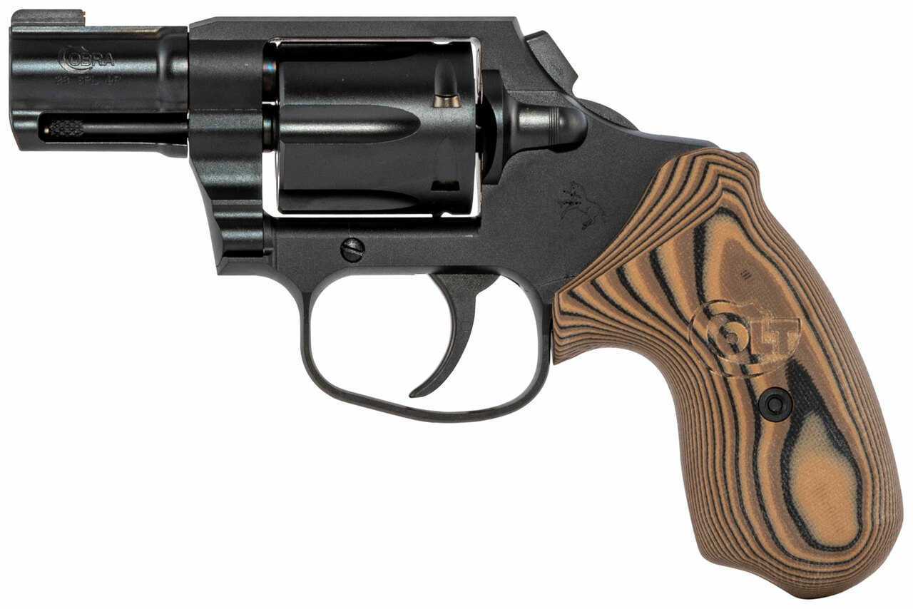 Colt Night Cobra, Revolver, 38 Special, 2″ Barrel, Steel Frame, Black, VZ Hyena Brown Grips, 6Rd, Brass Bead Front Sight