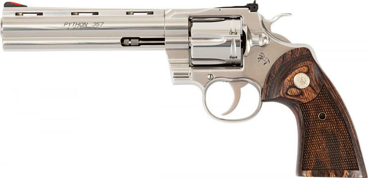 Colt Python 357 Mag, 6″ Barrel, Stainless Finish & Frame, Walnut Grips Red Ramp Front/Adjustable Rear, 6rd