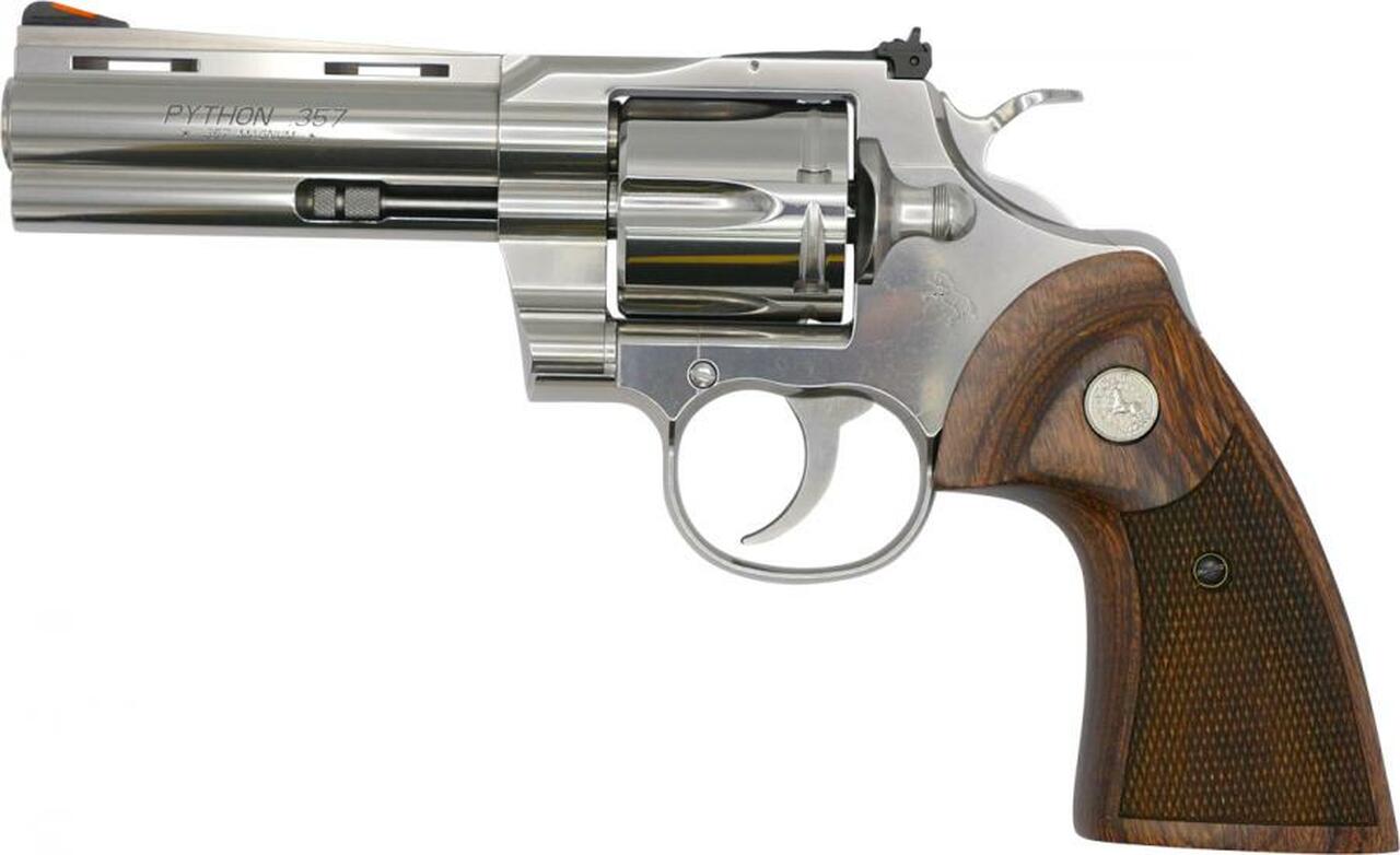 Colt Python 357 Magnum, 4.25″ Barrel, Stainless Finish & Frame, Walnut Grips Red Ramp Front/Adjustable Rear 6rd