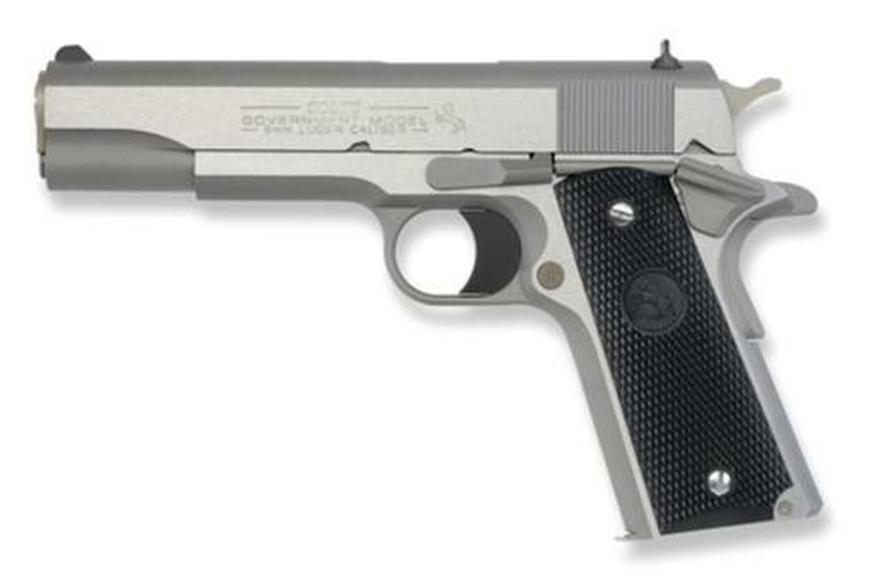 Colt Series 1991 Government 9mm 5″ Barrel Brushed SS Finish White Dot Sights Composite Grips 8rd