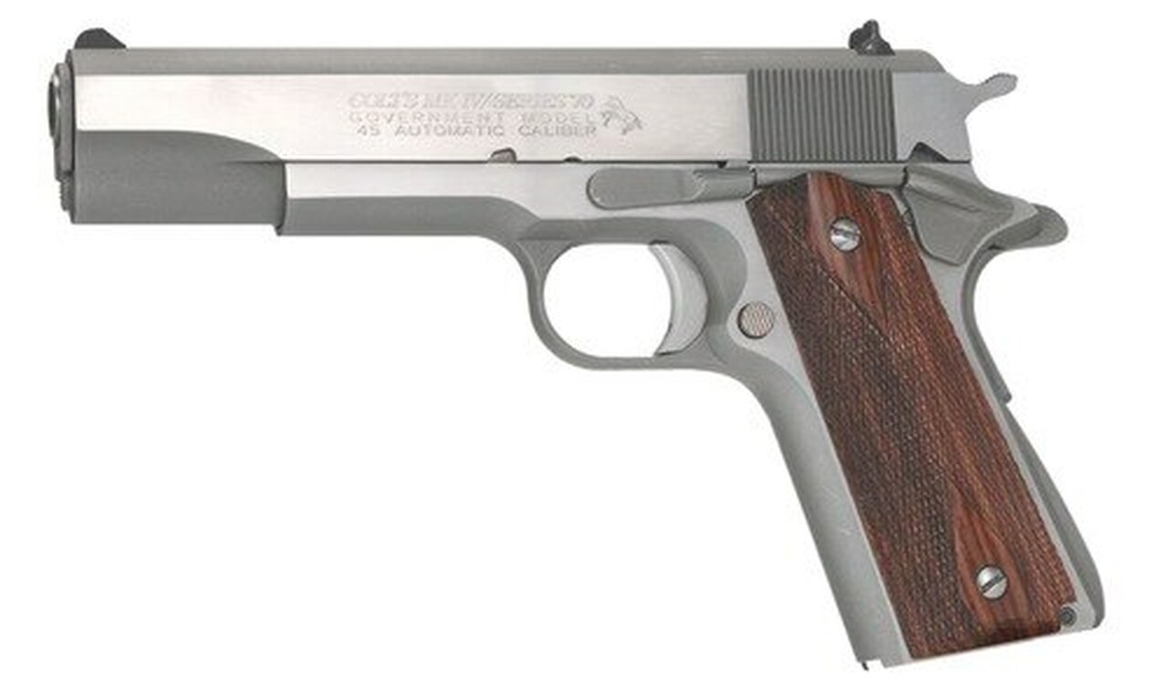 Colt Series 70 Govt 1911 45 ACP 5″ Barrel, Double Diamond Rosewood Grip Brushed SS, 7rd