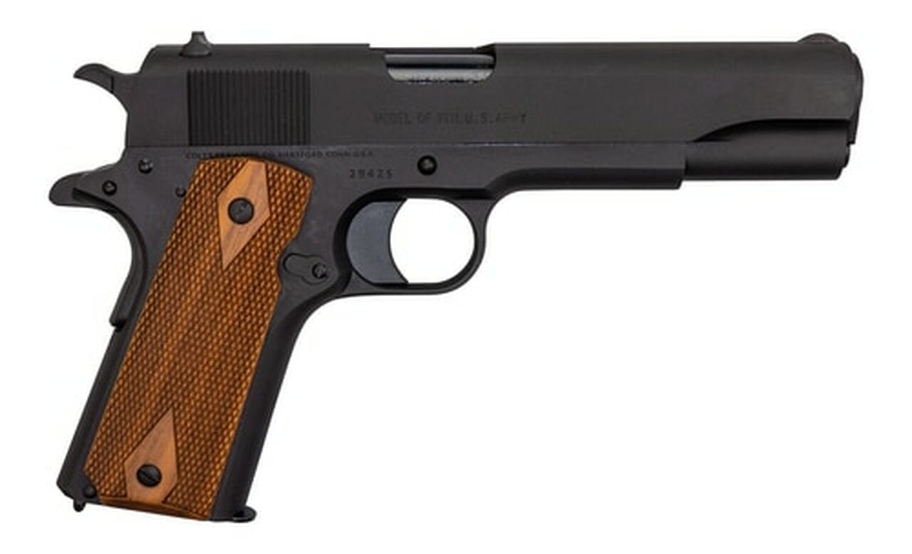 Colt’s Manufacturing Military Retro Reproduction, Full Size 1911, 45ACP, 5″ Barrel, Steel Frame, Matte Blued Finish, Wood Grips, Fixed Sights, Original Rollmarks, Limited Production, 7Rd, 1 Magazine