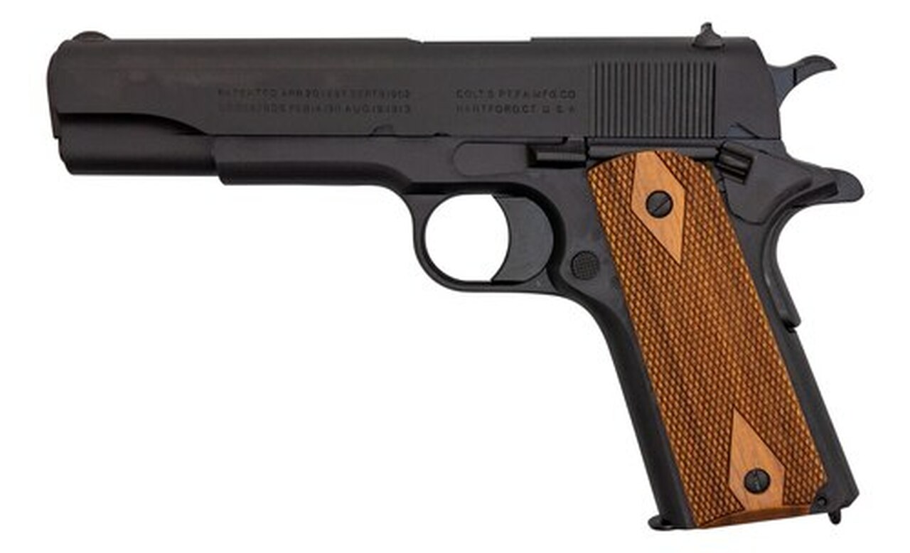 Colt’s Manufacturing Military Retro Reproduction, Full Size 1911, 45ACP, 5″ Barrel, Steel Frame, Matte Blued Finish, Wood Grips, Fixed Sights, Original Rollmarks, Limited Production, 7Rd, 1 Magazine