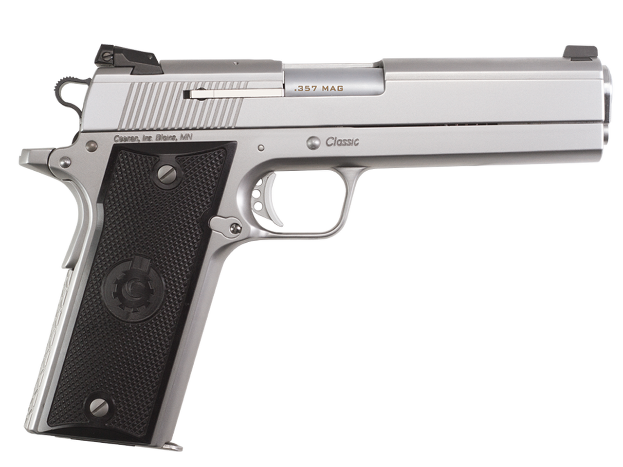 Coonan Classic 357 Mag, 5″, Satin Stainless, Fixed Night Sights, Black Alum Grips, 2 Mags (Special Order)