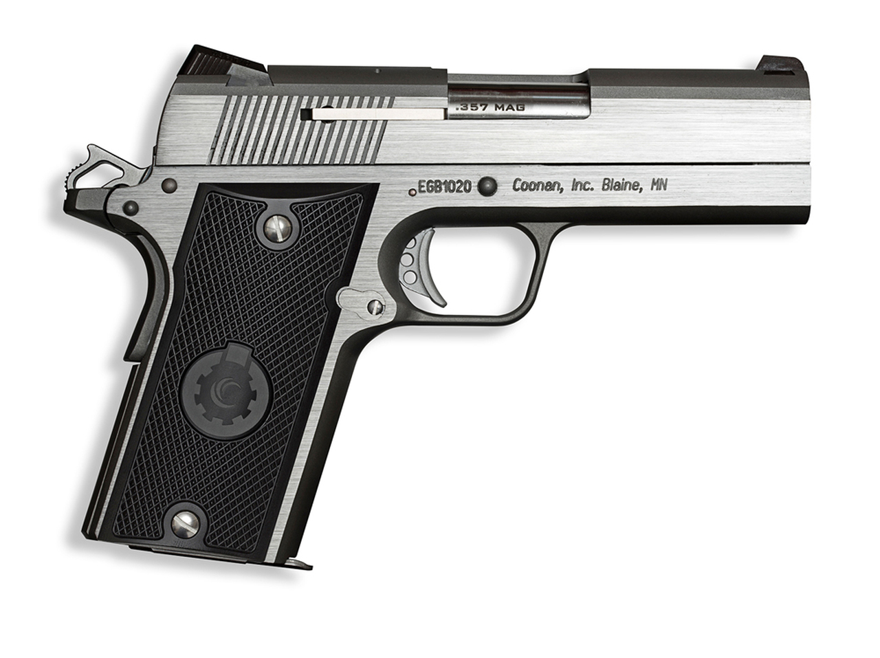Coonan Compact 357 Mag, 4″, Black Ionbond Stainless, Fixed White Dot Sights, Black Alum Grips, 2 Mags (Special Order)