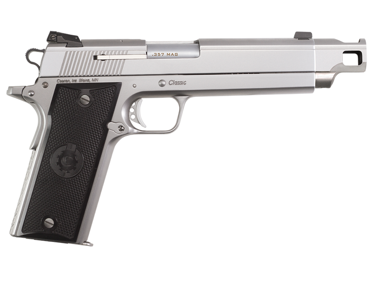Coonan Compensated 357 Mag, 5.7″, Satin Stainless, Adj. White Dot Sights, Black Alum Grips, 2 Mags (Special Order)