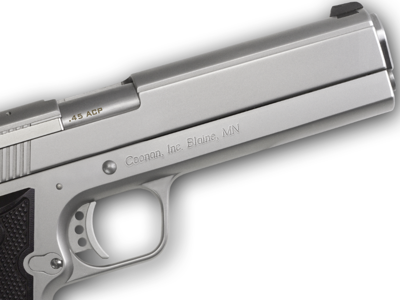 Coonan MOT 45 ACP, 5″, Satin Stainless, Adj. White Dot Sights, Black Alum Grips, 2 Mags (Special Order)