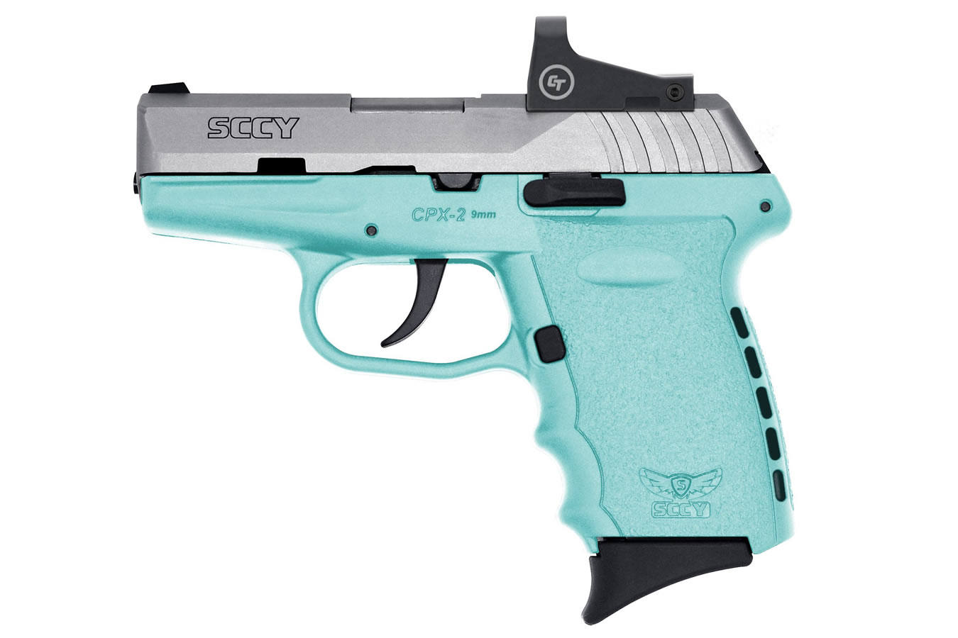 CPX-2 9mm Pistol with Blue Frame/Stainless Slide and Crimson Trace Red Dot