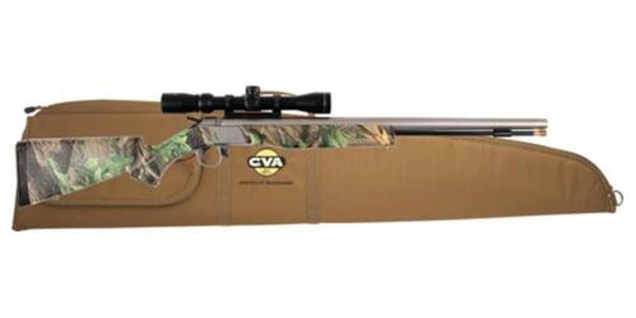 CVA Wolf 209 Muzzleloader .50 Caliber 24″ Stainless Steel Barrel Ambidextrous Composite Stock Realtree Hardwoods Green Finish With KonusShot 3-9x32mm Scope and Padded Soft Case