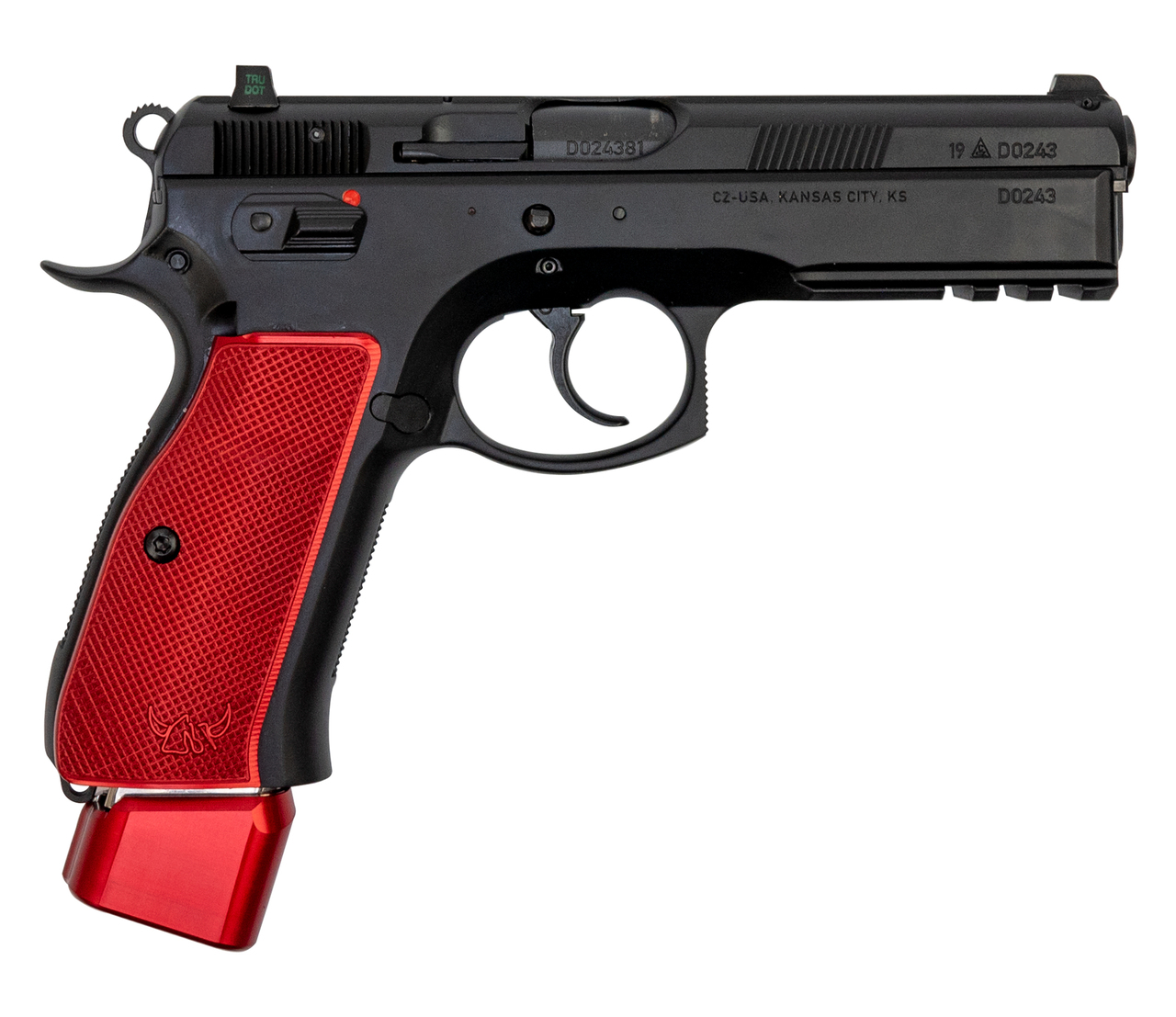 CZ 75 SP-01 9mm, 4.6″ Barrel, Black / Red Henning Aluminum Grip/Mag Cap, 22rd