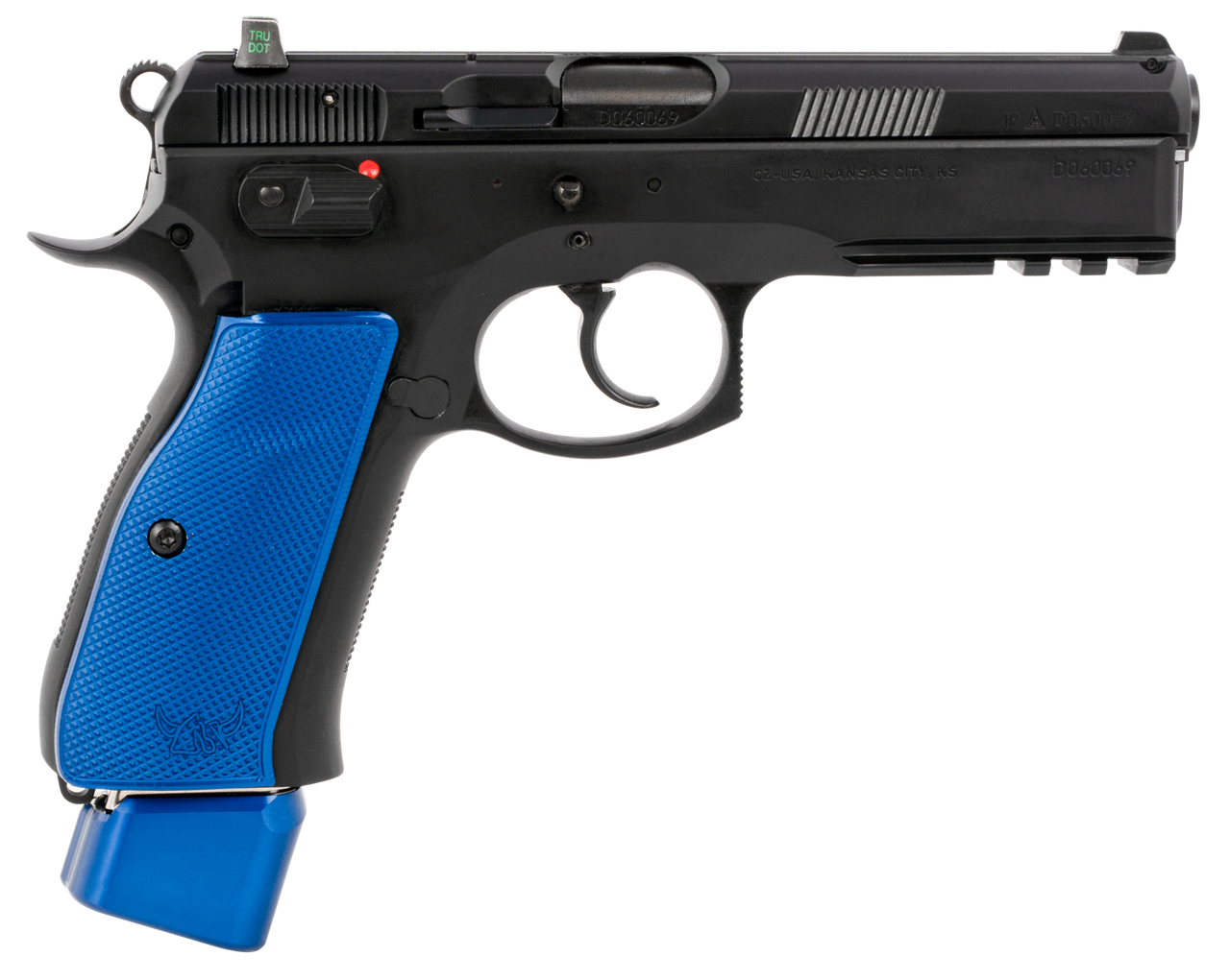 CZ 75 SP-01 9mm, 4.60″ Bbl,, Rnd, Black Slide, Blue Henning Grips, 22 rd