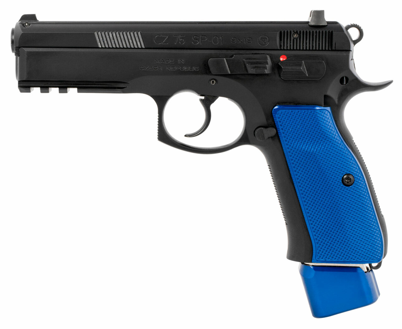 CZ 75 SP-01 9mm, 4.60″ Bbl,, Rnd, Black Slide, Blue Henning Grips, 22 rd