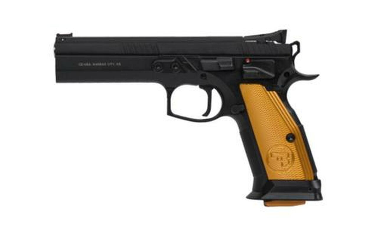 CZ 75 Tactical Sport Orange 9mm, 5.23″ Barrel, Steel Frame, Black, Thin Alum Grips, Ambi Safety, Adj Target Sights, 2x20rd Mags