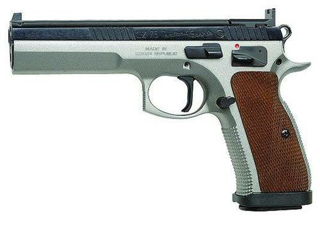 CZ 75 Tactical Sport SAO 40 S&W 5.4″ Barrel, Wood Grip SS Frame Black Slide, 12rd