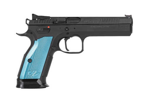 CZ 75 TS2 9mm, 5.28″ Barrel, Cyan Grip, Black Frame, 10rd