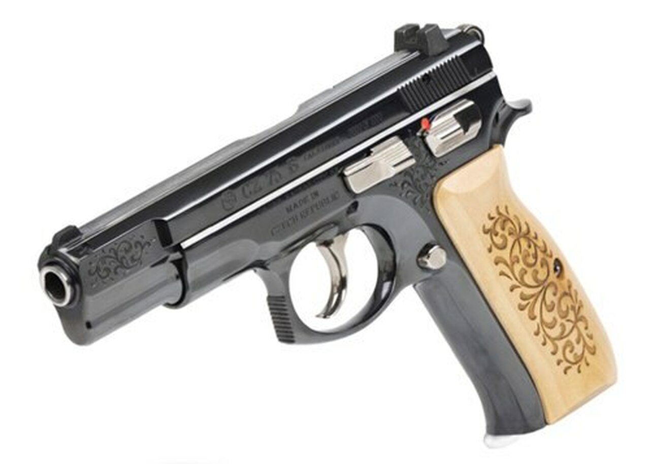 CZ 75B 45TH Anniversary DA/SA, Full Size, 9mm, 4.6″ Barrel, Steel Frame, High Gloss Blued Finish, Wood Grips, 16Rd, Swappable Safety/Decocker, Night Sights