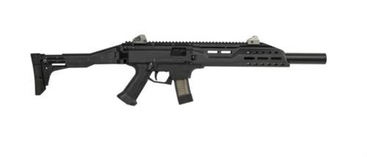 CZ Scorpion EVO 3 S1 Carbine, 9mm, 16.2″ Threaded Barrel, 1/2×28 Thread Pitch, Folding Stock, Adjustable Sights, Removable Faux Suppressor, 10 Rounds