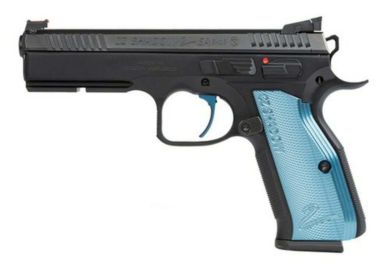 CZ Shadow 2 Single Action Only, Full Size Pistol, 9mm, 4.89″ Barrel, Steel Frame, Black, Aluminum Blue Grips, 17Rd, 3 Magazines, with Rail, Ambidextrous Safety, Adjustable Sights