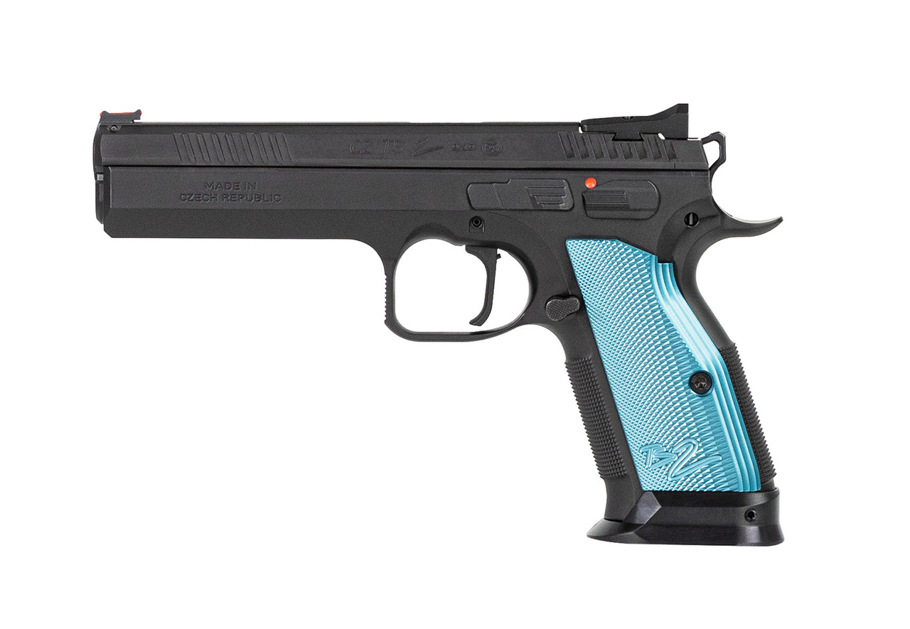 CZ TS 2 9mm, 5.23″ Barrel, FO Front, Blue Aluminum Grips, Black, 20rd