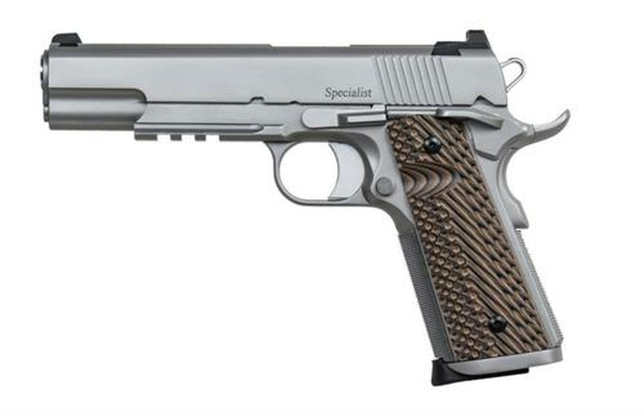 Dan Wesson, SPECIALIST, 1911 Full Size Pistol, 9mm, 5″ Barrel, Steel Frame, Stainless Finish, G10 Grips, Fixed Night Sights, Ambidextrous Safety, 10Rd
