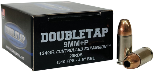 DoubleTap 9mm +P, 124gr, Jacketed Hollow Point, 20rd Box