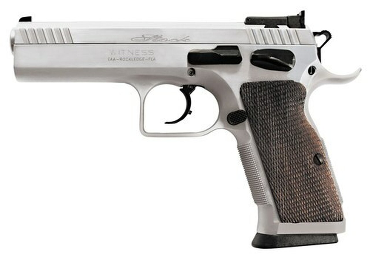 EAA Witness Elite Stock 2, .38 Super, 4.5″ Barrel, 17rd, Checkered Walnut Grip, Chrome Competition