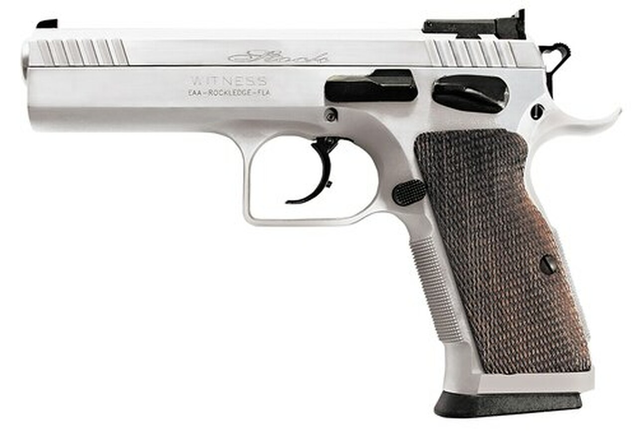 EAA Witness Elite Stock 2 DA/SA 9mm 4.5″ Barrel, AS Wood Grip Chrome, 17rd