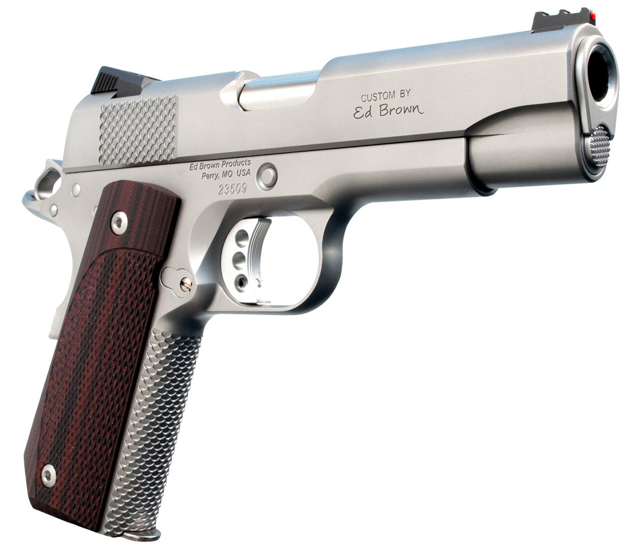 Ed Brown Kobra Carry, Semi-automatic, 1911, Commander, 45ACP, 4.25″ Barrel, Bobtail Frame, G10 Grips, Matte Stainless, Thumb Safety, Black Fixed Rear Sight, Orange HD XR Front Sight, Recessed Slide Stop, 7Rd, 2 Magazines
